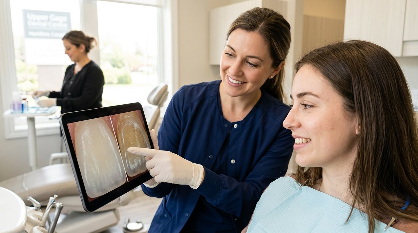 A dental professional shows a patient an image of their teeth during a dental examination for teeth whitening and damaged enamel.