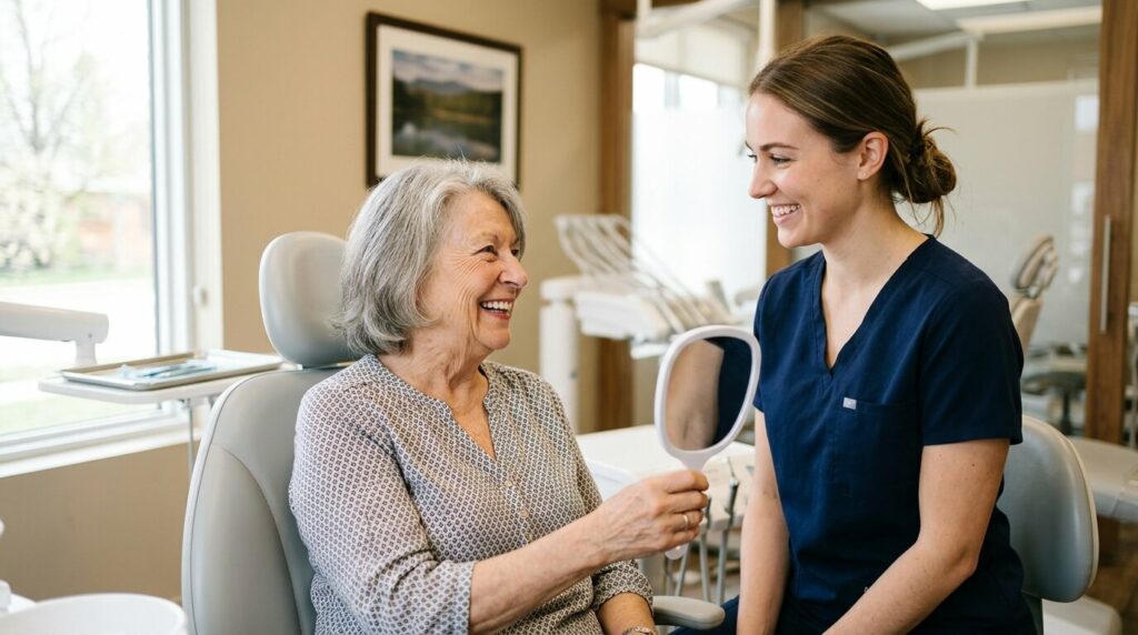 Smiling adult with bright, healthy teeth sitting in a dental chair at the clinic next to a dental professional. 