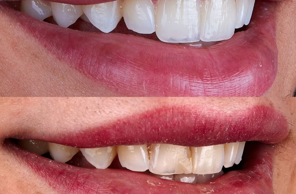 Before and after veneers showing transformation from chipped, stained teeth to smooth, white smile.