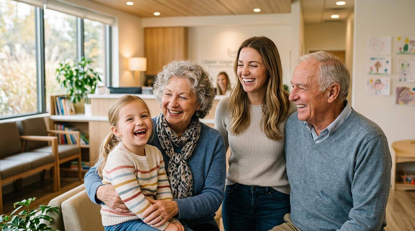 A smiling family with healthy teeth in a welcoming dental clinic setting.
