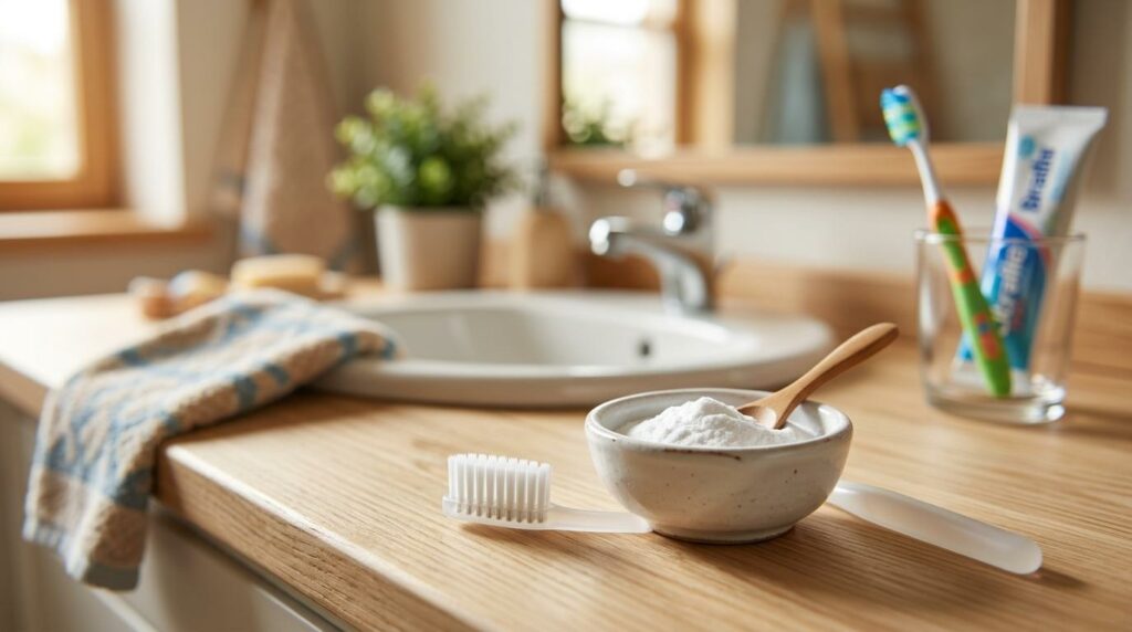 A toothbrush and a bowl of baking soda on a counter in front of a sink.