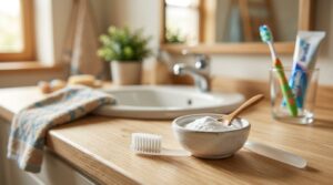 A toothbrush and a bowl of baking soda on a counter in front of a sink.
