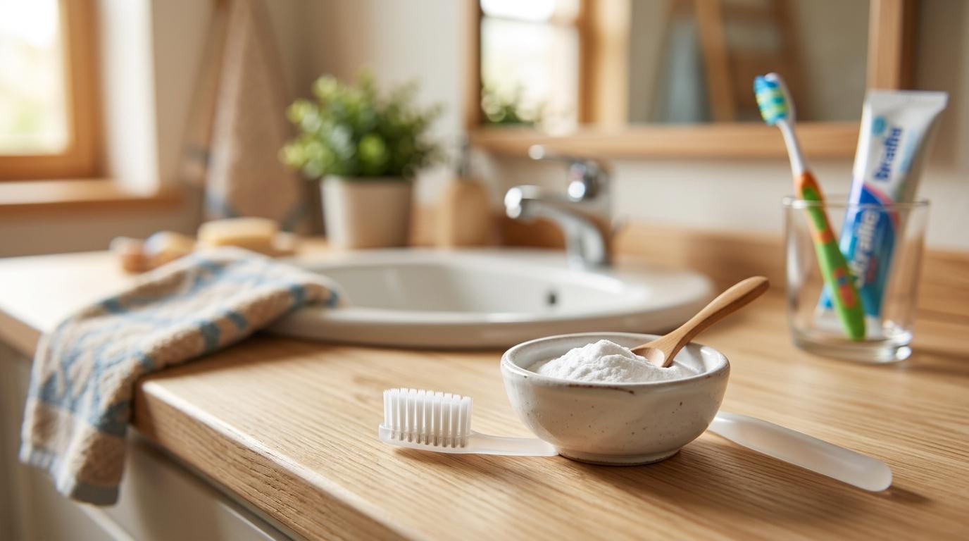 A toothbrush and a bowl of baking soda on a counter in front of a sink.