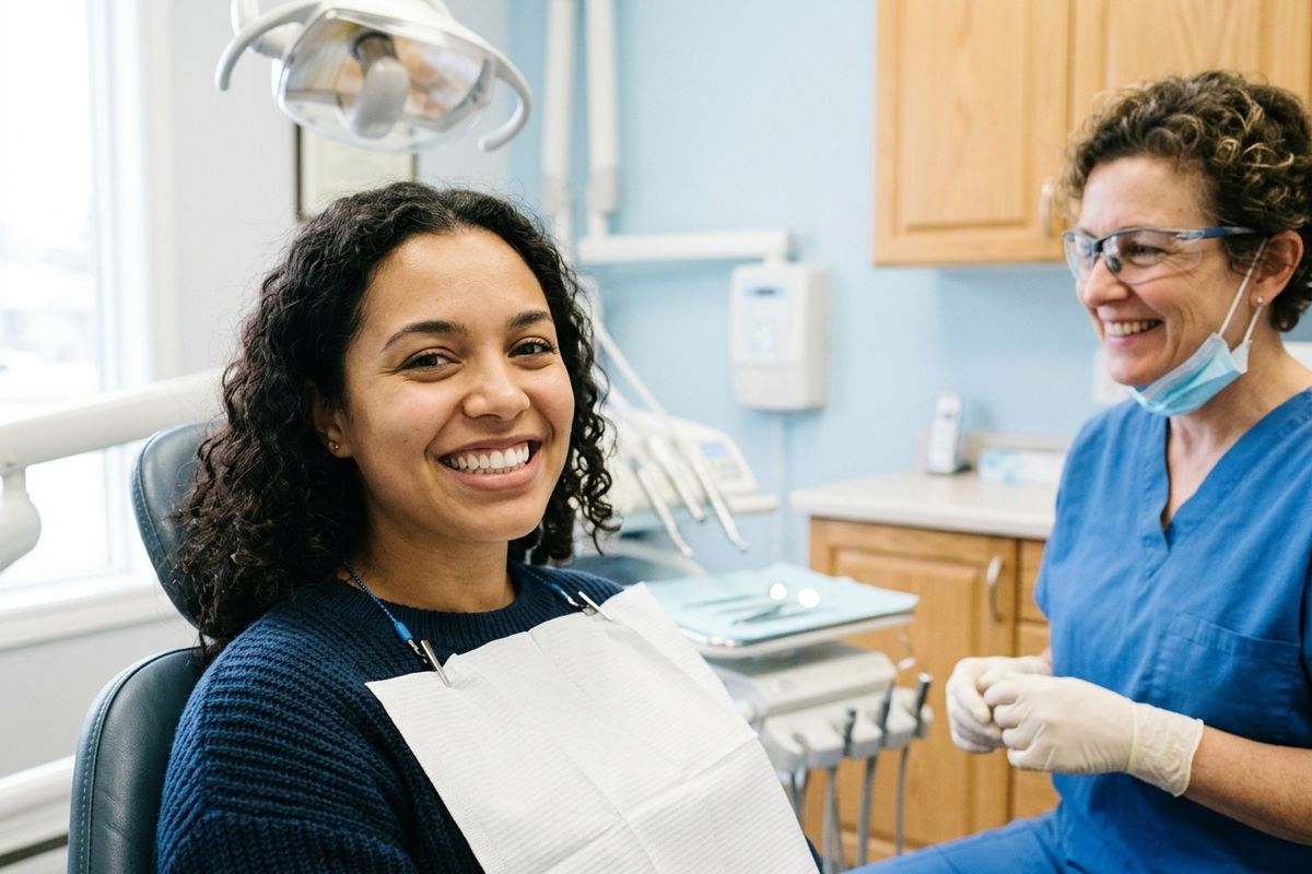 A person is smiling at the dental clinic after veneers treatment.