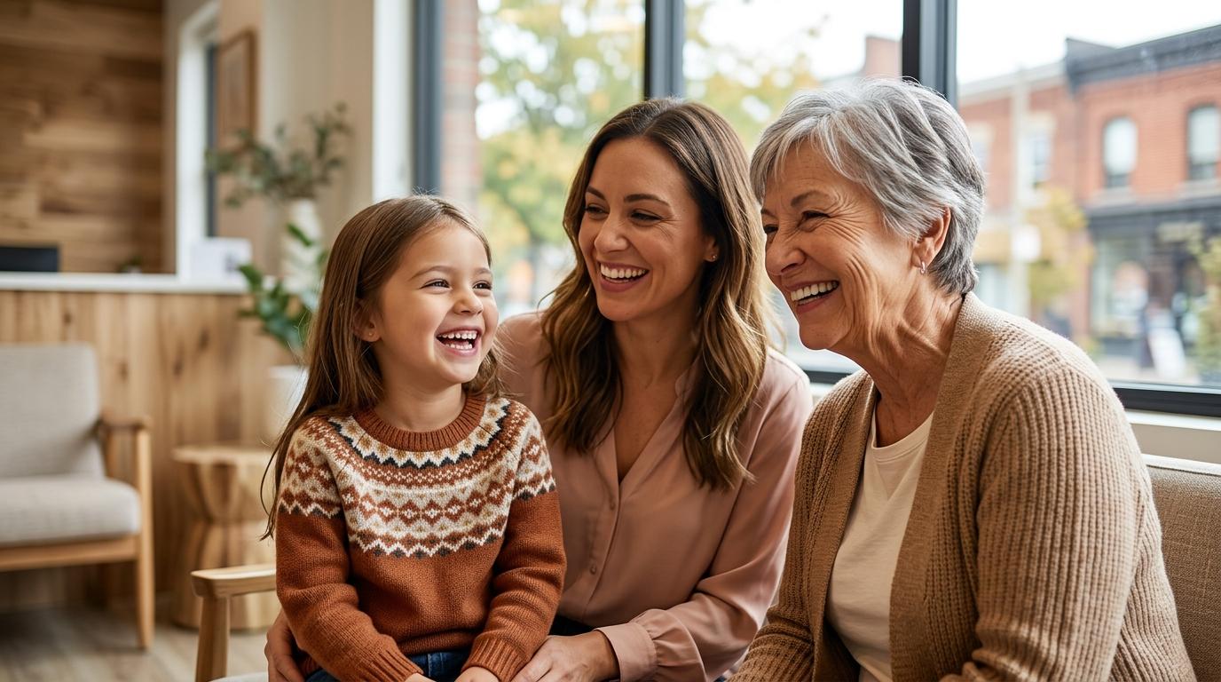 Two smiling adults with a child displaying healthy teeth, representing family dental care in Hamilton.