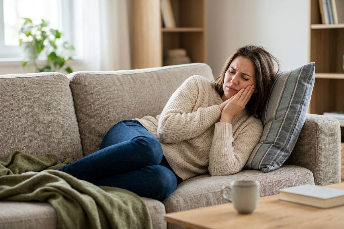 Adult lying on a sofa holding their cheek with a pained expression, in a living room with a blanket and coffee cup nearby.