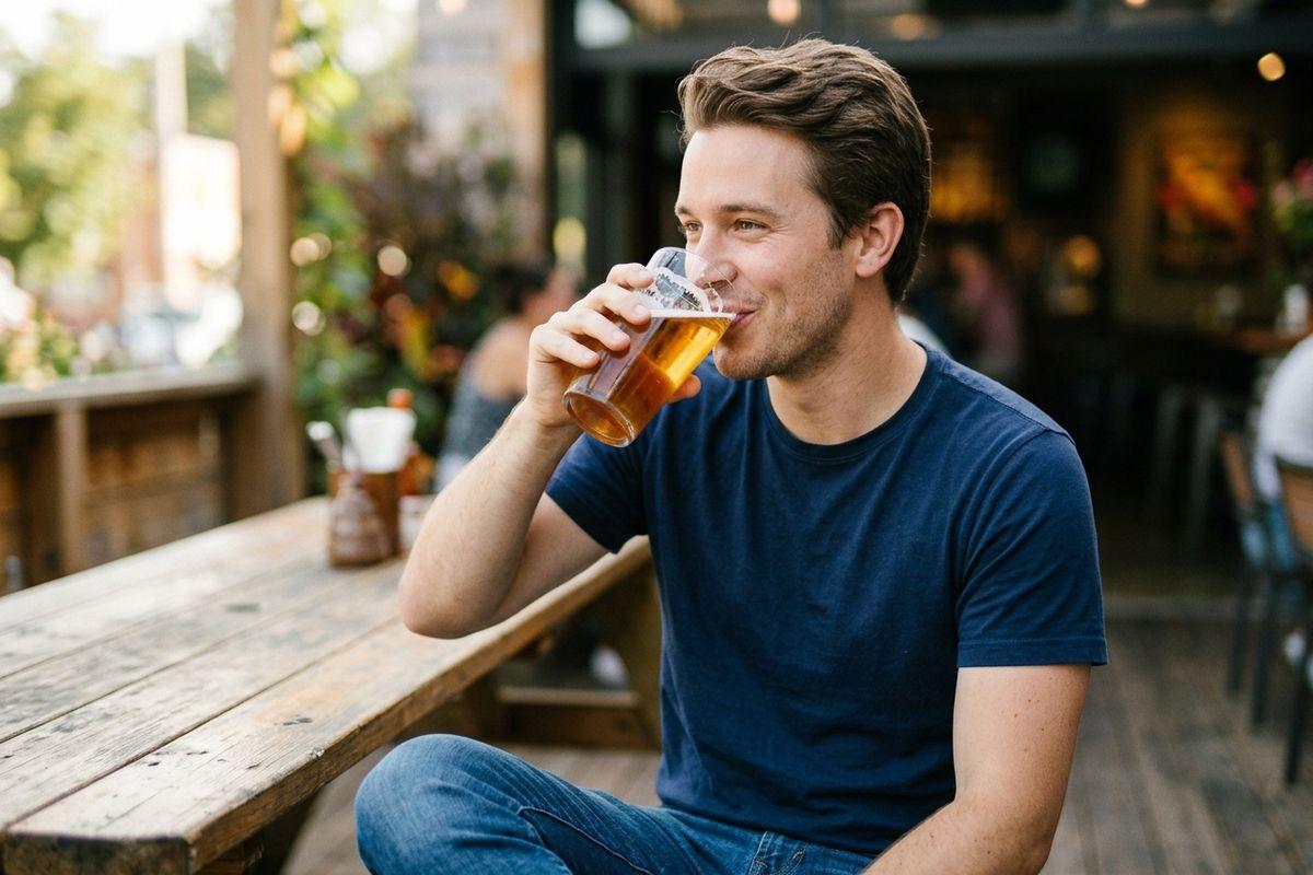 Adult sitting at an outdoor wooden table drinking a pint of beer, smiling, at a busy bar patio.