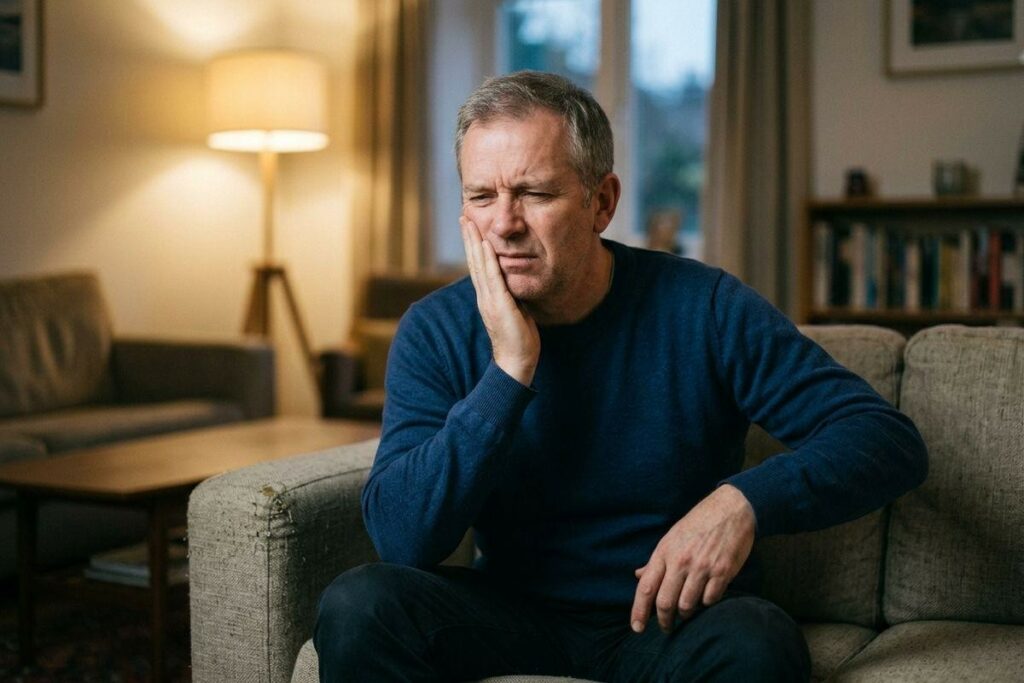 Adult sitting on a couch in a living room, holding one cheek with a pained expression