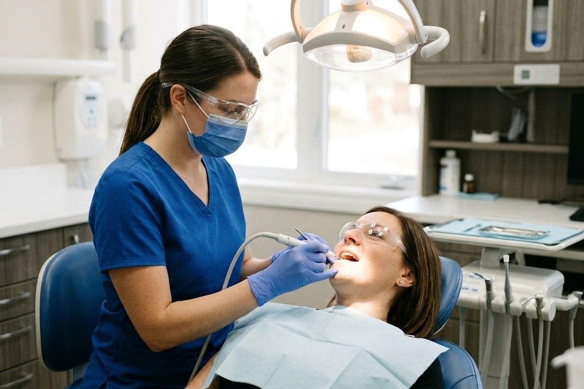 Dentist examines a patient's open mouth in a dental chair using a handheld tool, under a overhead exam light in a modern clinic.