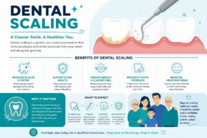 Infographic titled "Dental Scaling" explaining the procedure, its five benefits, what to expect, and why it matters, with tooth illustrations and a family photo.