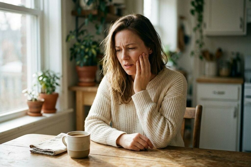Adult sits at a kitchen table holding one cheek, looking concerned, with a mug and potted plants nearby.