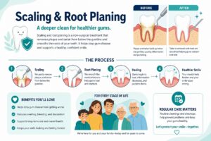 Infographic explaining Scaling & Root Planing with tooth diagrams showing before/after, a 4-step process, benefits list, and smiling family illustration.