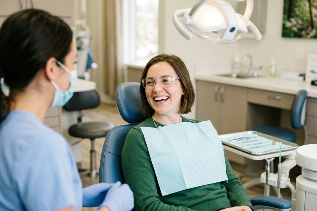 Smiling patient in a dental chair with a bib, talking with a dentist wearing a mask and gloves in a dental clinic.